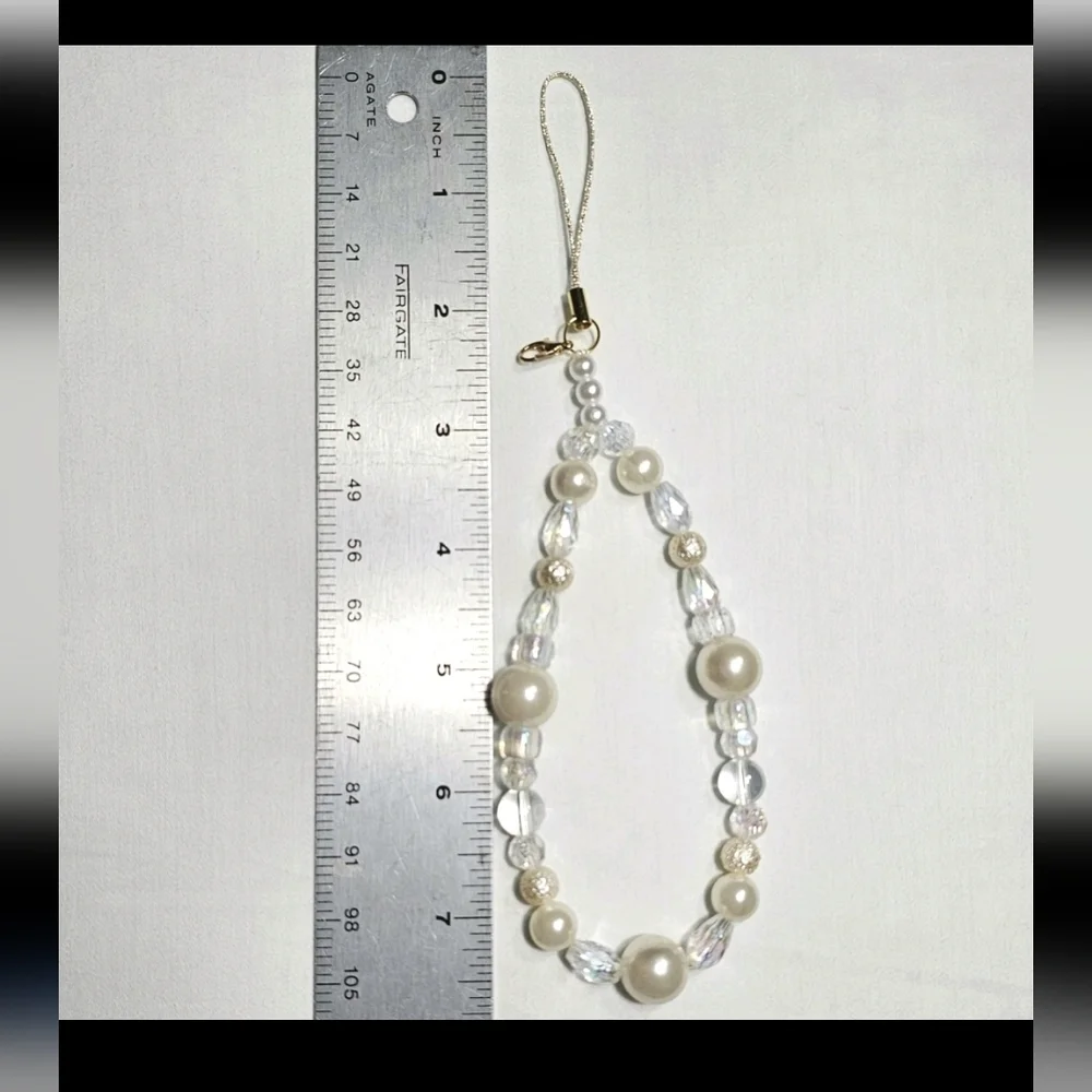 Faux Pearl and White Iridescent  Girly Dainty Beaded Phone Charm Wrist Strap